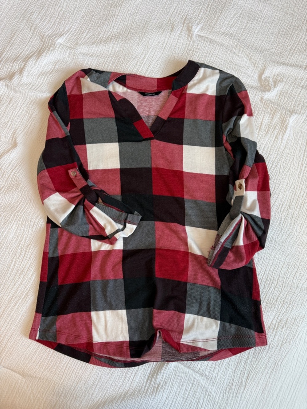 Plaid V-Neck Roll-Sleeve Blouse in Red, Black & Gray